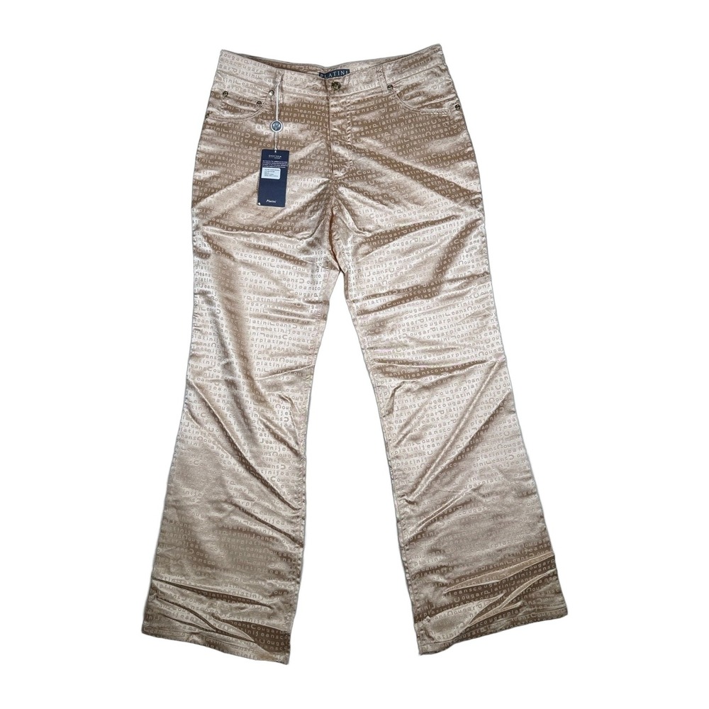 PLATINI JEANS 32 Tan Satin Logo Print Flare Leg Pants Style Womens
